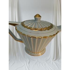 Vintage Art Deco Baby Blue Porcelain Teapot Gold Gilt Ribbed Lid Handle